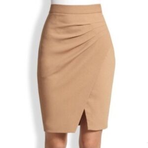 NWT L'AGENCE pencil skirt lined viscose wool blend pleated faux wrap camel sz 2